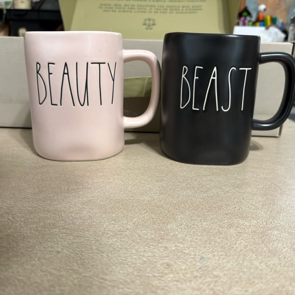 Rae Dunn Beauty and Beast Mug Set - Pink and Black